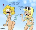 ! 2girls big_ass bikini black_eyes blonde_hair bottomless earrings embarrassing funny hair leni_loud looking_back looking_down lori_loud multiple_girls prank scobionicle99 shiny shiny_skin short_hair side-tie_bikini string_bikini sunglasses the_loud_house