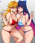  2_girls big_breasts bikini blonde blonde_female blonde_hair blue_eyes breast_press breasts cleavage covered_nipples goth goth_girl gothic jmg multicolored_hair navel panty_&amp;_stocking_with_garterbelt panty_anarchy peace_sign red_bikini smile stocking_anarchy striped_bikini thick_thighs thighs v 