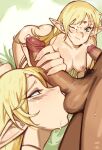  1girl 1girl blonde_hair breasts circlet deedlit dripping_semen elf green_eyes high_resolution long_hair male_pubic_hair one_eye_closed penis pointed_ears pubic_hair record_of_lodoss_war roropull semen semen_on_body semen_on_upper_body small_breasts tekoki 