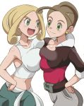 2girls alexa_(pokemon) armpits bare_shoulders belt blonde_hair blush breast_expansion breast_press breasts breasts_press brown_hair cleavage creatures_(company) dark_green_eyes deviantart female game_freak green_background green_eyes gym_leader hand_on_hip huge_breasts humans_of_pokemon large_breasts midriff multiple_girls navel nintendo open_mouth pansy_(pokemon) pokemon pokemon_(anime) pokemon_(game) pokemon_xy porkyman refuto sandy_blonde_hair short_hair siblings simple_background sister sisters smile symmetrical_docking viola_(pokemon) zerosilver100