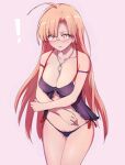 big_breasts breasts exclamation_point glasses higata_akatsuki lingerie marie_azami necklace pink_background pink_hair pubic_hair_peek suppose_a_kid_from_the_last_dungeon_boonies_moved_to_a_starter_town tatoeba_last_dungeon_mae_no_mura_no_shounen_ga_joban_no_machi_de_kurasu_youna_monogatari yellow_eyes