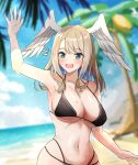  1girl 1girl alluring beach big_breasts bikini blue_eyes blue_pupils blush breast_tattoo eunie_(xenoblade) head_wings high_res kanuici336 long_hair swimsuit tattoo wings xenoblade_(series) xenoblade_chronicles_3 