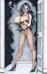 ahoge big_breasts black_hair bra breasts breasts_bigger_than_head cigarette cigarette_holder dc dc_comics fishnet_pantyhose fishnet_stockings fishnets high_heels huge_breasts justice_league justice_league_dark long_hair orvilleart_(artist) smoke smoking zatanna zatanna_zatara