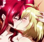 2girls ahoge angelise_ikaruga_misurugi bare_shoulders bed blonde_hair blush closed_eyes cross_ange hair hair_between_eyes hand_on_head hilda_(cross_ange) kissing long_hair love lying multiple_girls mutual_yuri neck nude on_side red_hair scrunchie shiny shiny_hair short_hair yuri