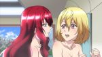 2girls angelise_ikaruga_misurugi anime blonde_hair blush cross_ange eye_contact hair hair_down hilda_(cross_ange) long_hair looking_at_another looking_back love multiple_girls open_mouth red_hair short_hair surprised yuri