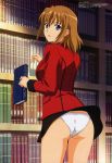 1girl 90s :o absurd_res absurdres agent_aika aika_sumeragi aika_zero art ass bare_legs black_skirt blue_eyes book bookshelf hair hair_between_eyes highres legs library light_brown_hair looking_at_viewer looking_back megami official_art open_mouth panties pantyshot pencil_skirt short_hair skirt suit sumeragi_aika underwear yamauchi_noriyasu