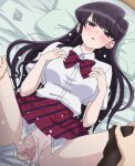 1boy 1boy1girl 1girl 1girl bed black_hair blush bow bowtie censored clothed_sex condom condom_on_penis condom_wrapper indoors komi-san_wa_komyushou_desu komi_shouko long_hair lying mosaic_censoring panties panties_aside panty_pull pantyhose pantyhose_around_one_leg pink_panties pussy safe_sex school_uniform sex spread_legs straight sweat tomu_(tomubobu) underwear vaginal_penetration