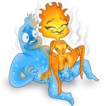  1boy 1girl blue_body blue_eyes blue_hair breasts canon_couple elemental_(pixar) elemental_creature elemental_humanoid ember_lumen erect_nipples erection male/female orange_body orange_eyes orange_skin penis pussy reverse_cowgirl_position sex vaginal wade_ripple 