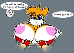 1girl big_breasts breasts canid canine clothing english_text fox genderswap huge_breasts mammal miles_"tails"_prower millie_tailsko nipples norithics sega sharking sonic_the_hedgehog sonic_the_hedgehog_(series) text topwear tube_top