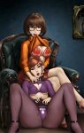  2girls bra breasts cleavage daphne_blake flashing glasses m.r.gunn_(artist) panties pantyhose presenting_pussy scooby-doo shirt_in_mouth shirt_lift skirt_lift spread_legs thighs velma_dinkley 