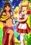  2014_fifa_world_cup 2girls art babe blonde_hair blue_eyes breasts brown_eyes brown_hair cherryinthesun cleavage dirndl dress hair hat headgear high_res long_hair multiple_girls navel original short_hair small_breasts soccer stockings world_cup zettai_ryouiki 