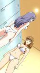 2girls :d :o agent_aika aika_sumeragi aika_zero anime arm arms ass babe back bare_legs bare_shoulders big_breasts bored bra breasts cleavage dutch_angle eye_contact grey_hair hair high_res highres legs light_brown_hair lingerie locker_room looking_at_another midriff miyu_shiratori multiple_girls naughty_face navel open_mouth panties purple_hair shiratori_miyu smile standing sumeragi_aika underwear yamauchi_noriyasu