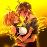 1boy 1girl angelise_ikaruga_misurugi blonde_hair blush breasts brown_hair closed_eyes couple cross_ange hair hetero hug hugging incipient_kiss kin_mokusei love ocean open_mouth orange_sky red_eyes short_hair tusk_(cross_ange) upper_body wing_collar