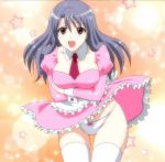 1girl :d agent_aika aika_zero anime blush breasts cleavage detached_collar dress embarrassed grey_hair long_hair maid miyu_shiratori neck_tie necktie open_mouth panties pink_dress red_eyes shiratori_miyu smile standing stockings thighhighs underwear waitress