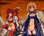 2girls angelise_ikaruga_misurugi antenna_hair art bardiche black_legwear black_panties blonde_hair bodysuit breasts cape cleavage cleavage_cutout cosplay cross_ange fate_testarossa fate_testarossa_(cosplay) fingerless_gloves gloves groin hair hair_ornament hilda_(cross_ange) jacket legs long_hair long_sleeves looking_at_viewer lowleg lowleg_panties lyrical_nanoha midriff mizuki_nana mound_of_venus multiple_girls navel panties parody purple_eyes raising_heart red_eyes red_hair revealing_clothes scrunchie seiyuu_connection serious short_hair sitting skin_tight sky staff standing stockings sunset takamachi_nanoha takamachi_nanoha_(cosplay) tamura_yukari thighhighs twintails underwear uniform very_long_hair wanyan_aguda weapon