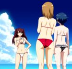  3girls agent_aika aika_sumeragi aika_zero anime ass back bare_back bare_legs bare_shoulders beach big_breasts bikini black_bikini blue_eyes blue_hair breasts camera cleavage eri_shingai friends frilled_bikini hair hand_on_hip highres karen_minamino legs light_brown_hair long_hair minamino_karen multiple_girls navel red_bikini red_hair shingai_eri short_hair sumeragi_aika swimsuit twintails white_bikini 