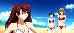  3girls agent_aika aika_sumeragi aika_zero anime beach bikini blue_eyes blue_hair breasts eri_shingai friends hair highres karen_minamino light_brown_hair long_hair minamino_karen multiple_girls red_hair shingai_eri short_hair sumeragi_aika swimsuit twintails yellow_eyes 