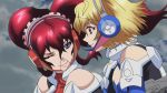 2girls angelise_ikaruga_misurugi anime blonde_hair cross_ange hair hilda_(cross_ange) long_hair multiple_girls mutual_yuri red_hair short_hair smile yuri