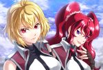 2girls angelise_ikaruga_misurugi anti_mana art blonde_hair cross_ange fingerless_gloves gloves grin hair hair_between_eyes head_tilt high_res highres hilda_(cross_ange) lips long_hair looking_at_viewer multiple_girls naughty_face purple_eyes red_eyes red_hair scrunchie serious short_hair smile smirk teeth twintails uniform upper_body