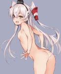 1girl 1girl 1girl amatsukaze_(kantai_collection) ass breasts completely_nude gloves hat kantai_collection kawata_hisashi long_hair looking_at_viewer nipples nude nude_filter open_mouth pettanko photoshop sideboob silver_hair simple_background small_breasts stockings teeth tied_hair twin_tails two_side_up white_gloves yellow_eyes