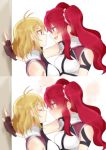 2girls 2koma :d against_wall ahoge angelise_ikaruga_misurugi arm armband arms art blonde blonde_hair blush brown_gloves closed_eyes comic cross_ange eye_contact fingerless_gloves gloves hair hair_between_eyes hilda_(cross_ange) incipient_kiss long_hair looking_at_another love multiple_girls mutual_yuri open_mouth purple_eyes red_eyes red_hair redhead scrunchie short_hair shy sleeveless sorimachi_toufu sorimachi_toufu_(artist) surprised twintails uniform upper_body yuri