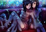 2girls ;d aqua_eyes aquarium arm arms art babe bare_legs bare_shoulders barefoot black_hair blue_eyes blue_hair blush breasts brown_eyes cherry_in_the_sun cherryinthesun cleavage couch crossed_legs feet female fish folded_ponytail from_behind hair hana_hana_no_mi hand_on_another's_shoulder hand_on_shoulder hands_on_another's_shoulders hands_on_shoulders highres laugh laughing legs legs_crossed lips long_hair looking_at_another looking_back love massage multiple_girls mutual_yuri naked_towel naughty_face nico_robin nude nude_cover one_eye_closed one_piece open_mouth purple_eyes sitting smile sofa soles tashigi toes towel wince yuri