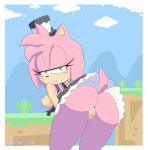 1girl amy_rose ass bent_over bluebreed blush breasts green_eyes hat looking_at_viewer looking_back nipples pink_hair pussy short_hair smile sonic_(series) tail