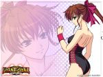 1girl arm arms art babe back bare_back bare_legs bare_shoulders breasts brown_hair clenched_hand hair_ribbon legs leotard long_hair neck official_art ponytail purple_eyes ribbon serious smile strapless thunder_ryuko wrestle_angels wrestle_angels_survivor wrestler wrestling_outfit wristband zoom_layer