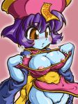  1girl areola_slip areolae blue_hair blue_skin blush bottomless breasts brown_eyes capcom cleavage_cutout cute darkstalkers flipped_hair hat hirose-tunami hirose_tsunami hsien-ko jiangshi lei_lei nipple_slip nipples ofuda purple_hair pussy short_hair solo sweat uncensored vampire_(game) 