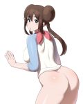 1_girl 1girl ass bangs big_breasts blue_eyes blush bottomless breasts brown_hair double_bun female female_human female_only long_hair long_sleeves looking_at_viewer mei_(pokemon) naked_from_the_waist_down no_panties open_mouth pokemon pokemon_(game) pokemon_black_2_&_white_2 pokemon_character protagonist_(pokemon) raglan_sleeves rosa rosa_(pokemon) simple_background solo standing sungpark tied_hair twin_tails white_background