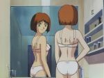  1_girl 1girl anime arm arms ass babe back bare_back bare_shoulders bathroom bra brown_hair devil_lady devilman_lady green_eyes hand_on_hip kazumi_takiura legs lingerie mirror naughty_face neck panties reflection short_hair smile standing takiura_kazumi 