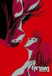  2girls bare_shoulders breasts closed_eyes devil_lady devilman_lady fudou_jun hair incipient_kiss jun_fudou kazumi_takiura long_hair monochrome multiple_girls nude red red_background short_hair takiura_kazumi upside_down yuri 