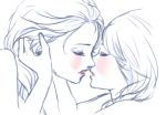 2_girls 2girls anna_(frozen) blush closed_eyes disney elsa elsa_(frozen) female/female female_only frozen_(movie) hong_(bee1100) incest incipient_kiss kissing lowres monochrome multiple_girls mutual_yuri siblings sisters sketch spot_color yuri