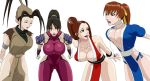 4girls animated animated_gif antenna_hair armor bare_shoulders bent_over big_breasts black_hair bodysuit bouncing_breasts breasts brown_eyes brown_hair capcom cleavage closed_eyes clothed_sex collarbone crossover dead_or_alive fatal_fury gif hair high_ponytail hips huge_breasts ibuki ibuki_(street_fighter) japanese_clothes kasumi kasumi_(doa) king_of_fighters legs long_hair mai_shiranui multiple_girls namco necrolust ninja ponytail shiny shiny_skin shiranui_mai shoulder_pads simple_background skin_tight smile snk soul_calibur spandex street_fighter taki taki_(soulcalibur) tecmo white_background wide_hips