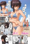  1girl bikini breasts clouds comic day english_text homunculus_(artist) open_mouth rule_of_bikini sky text 