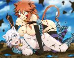 2girls :3 animal_ears areola areolae assisted_exposure bell big_breasts bikini_top_removed blue_eyes blush breasts brown_hair cat_ears cat_tail catfight collar facial_mark fairy_tail female female_only hair large_breasts lisanna_strauss millianna mud mud_wrestling multiple_girls nekomimi nipples open_mouth silver_hair smile stockings stormfeder striped striped_legwear tail thighhighs undressing white_hair yuri