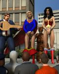 3d alien batman_(series) black_hair blonde_hair boots bottomless bracelet catwoman city cover_up covering_crotch dark_skin dc dc_comics embarrassing funny gloves hat hood key long_hair no_panties poser prank public selina_kyle short_hair skirt_down smile supergirl tiara wonder_woman