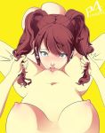 1girl areolae breasts eyebrows eyelashes hair hair_pull kujikawa_rise nipples oral persona persona_4 pull tongue tongue_out