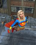  alien alien_look_like_human blonde_hair blue_eyes bottomless cape city dark_skin dc_comics embarrassing falling female flying funny human long_hair looking_back looking_down male poser skirt supergirl wardrobe_malfunction 