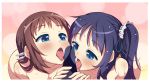 2girls akino_sora blue_eyes blue_hair blush brown_hair censored cum fellatio hetero hiradaira_chisaki invisible_penis licking long_hair mukaido_manaka multiple_fellatio multiple_girls nagi_no_asukara open_mouth oral penis side_ponytail teamwork tongue