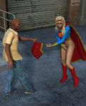 alien blonde_hair boots bottomless cape city cover_up covering_crotch dark_skin dc_comics embarrassing female flying funny girl human long_hair male poser skirt smile super supergirl