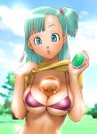  1girl between_breasts big_breasts bikini bikini_top blue_eyes blue_hair breasts bulma bulma_brief bulma_briefs dragon_ball dragon_ball_(object) dragon_ball_z earrings green_hair hair jewelry large_breasts lingerie looking_at_viewer micro_bikini shirt_lift solo swimsuit teasing ueyama_michirou underwear 