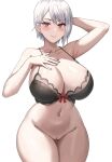 1girl alluring big_breasts bra bra_only breasts cleavage high_res jasony light-skinned_female light_skin lingerie naked_from_the_waist_down nakiri_alice naughty_face pussy red_eyes shokugeki_no_souma short_hair underwear white_hair