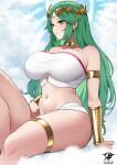 1girl alluring big_breasts female_only green_eyes green_hair kaos_art kid_icarus light_skin long_hair nintendo palutena sitting