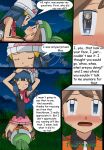 2girls art bandanna bike_shorts blue_eyes blue_hair blush brown_hair comic creatures_(company) crying dawn_(pokemon) english game_freak hair haruka_(pokemon) haruka_(pokemon_emerald) hat hikari_(pokemon) hikariangelove hikariangelove_(artist) humans_of_pokemon incipient_kiss love may_(pokemon) multiple_girls mutual_yuri nintendo pokemon pokemon_(anime) pokemon_(game) pokemon_black_and_white pokemon_bw pokemon_diamond_pearl_&_platinum pokemon_dppt sad short_hair speech_bubble talking tears yuri