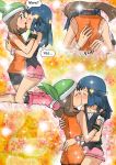 2girls arm arms art bandana bandanna bare_arms bare_legs bare_shoulders bike_shorts black_clothes blue_hair blush boots brown_hair closed_eyes collared_shirt comic dawn english full_body gloves hair hair_ornament haruka_(pokemon) haruka_(pokemon_emerald) hikari_(pokemon) hikariangelove hikariangelove_(artist) hug hugging kiss kissing legs long_hair looking_at_another love may multiple_girls mutual_yuri nintendo open_mouth orange_clothes pink_boots pink_skirt pokemon pokemon_(anime) poketch shirt short_hair shorts skirt sleeveless sleeveless_shirt sparkle speech_bubble talking upper_body watch yuri