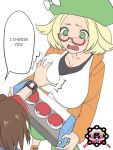  bel_(pokemon) bianca_(pokemon) blonde_hair blush breast_grab breasts deviantart glasses green_eyes huge_breasts humans_of_pokemon png poke_ball pokeball pokemon pokemon_black_and_white pokemon_bw pokemon_bw2 shocked speech_bubble surprised zerosilver100 