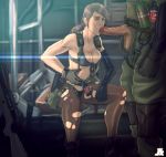  1boy 1girl big_boss bikini blue_eyes breasts brown_hair cleavage explosive fellatio front-tie_bikini front-tie_top grenade gun hetero highres holster jesus_avalos long_hair metal_gear_(series) metal_gear_solid metal_gear_solid_v mismatched_gloves open_fly oral pantyhose penis planted_weapon ponytail pumpkinsinclair quiet quiet_(metal_gear) rifle single_elbow_glove sitting sniper_rifle soldier suspenders swimsuit thigh_holster torn_clothes torn_pantyhose uncensored unzipped weapon 