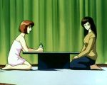  2girls anime bare_shoulders black_hair brown_hair devil_lady devilman_lady fudou_jun hair jun_fudou kazumi_takiura long_hair multiple_girls naked_towel nude_cover short_hair sitting takiura_kazumi towel 