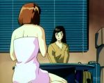  2girls anime bare_shoulders black_hair brown_hair devil_lady devilman_lady fudou_jun hair jun_fudou kazumi_takiura long_hair multiple_girls naked_towel nude_cover short_hair sitting takiura_kazumi towel 